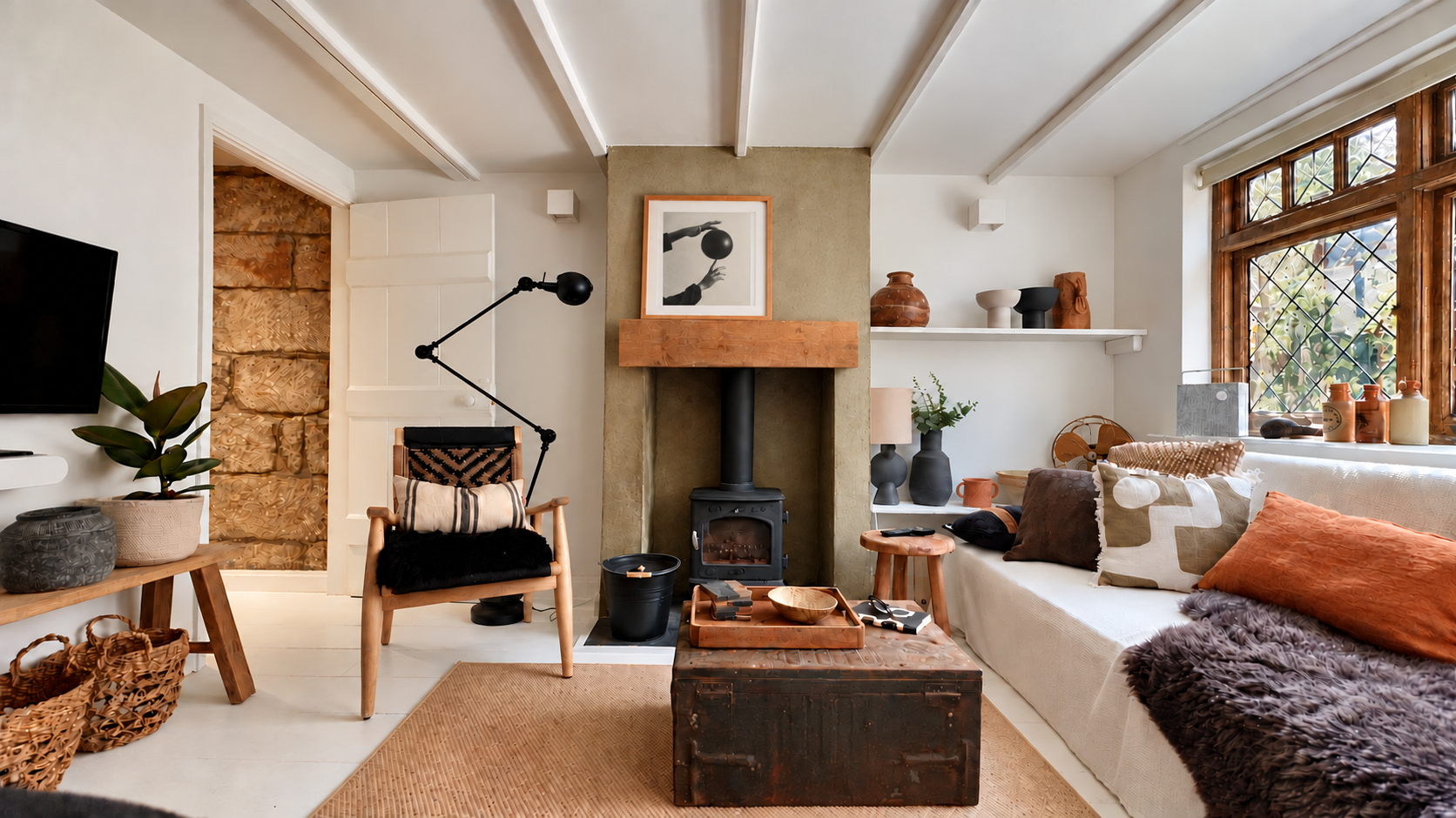 Dunroamin living room with white beams, a central log burner, collected artwork and a softly layered sofa