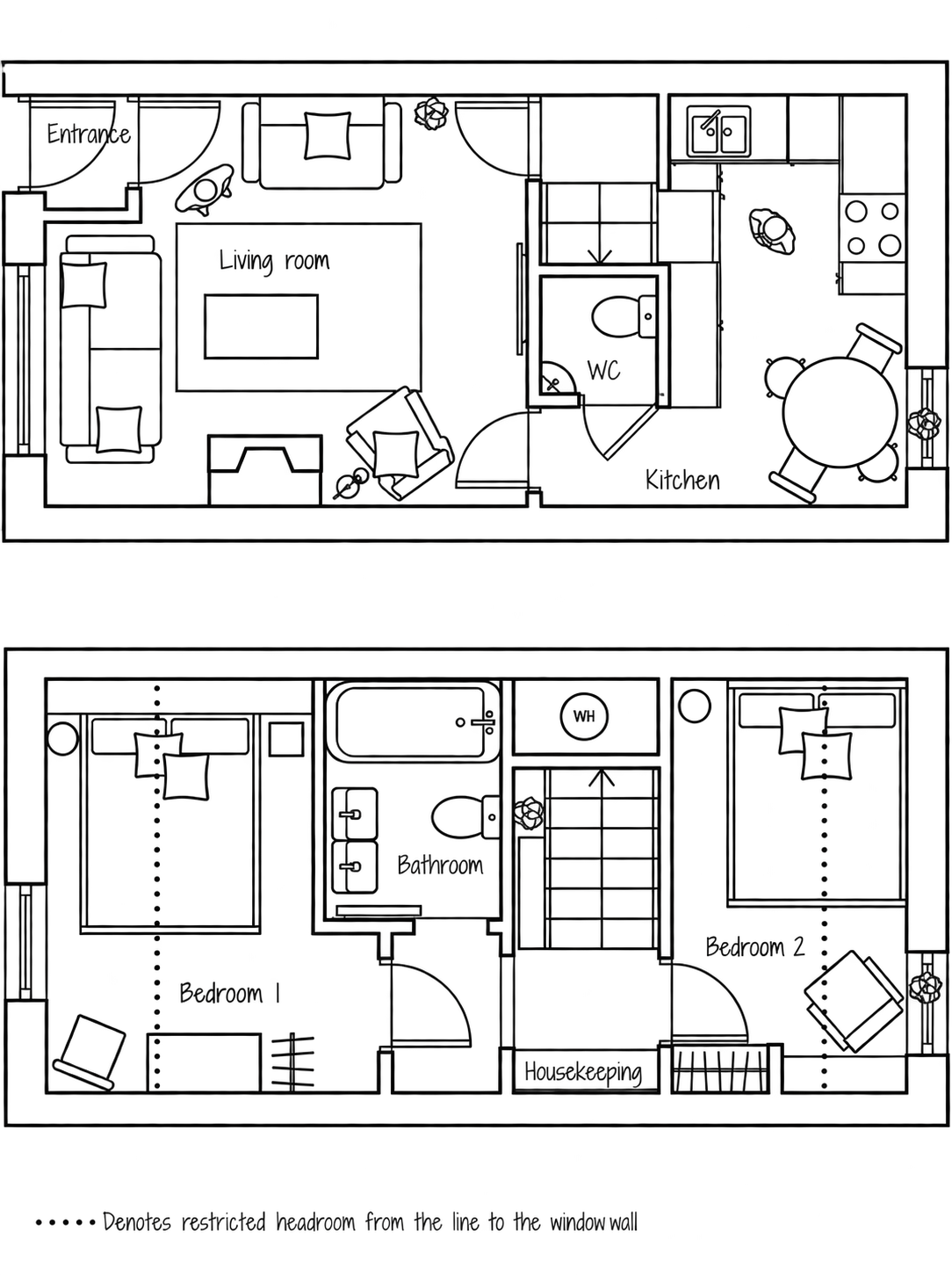 Black outline ground-floor and first-floor plans of Dunroamin, with dotted restricted-headroom markers