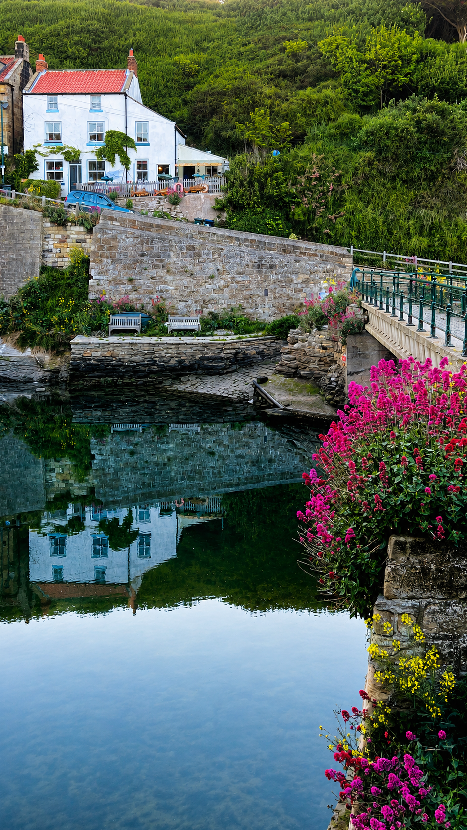 Staithes Beck reflecting cottages and summer flowers