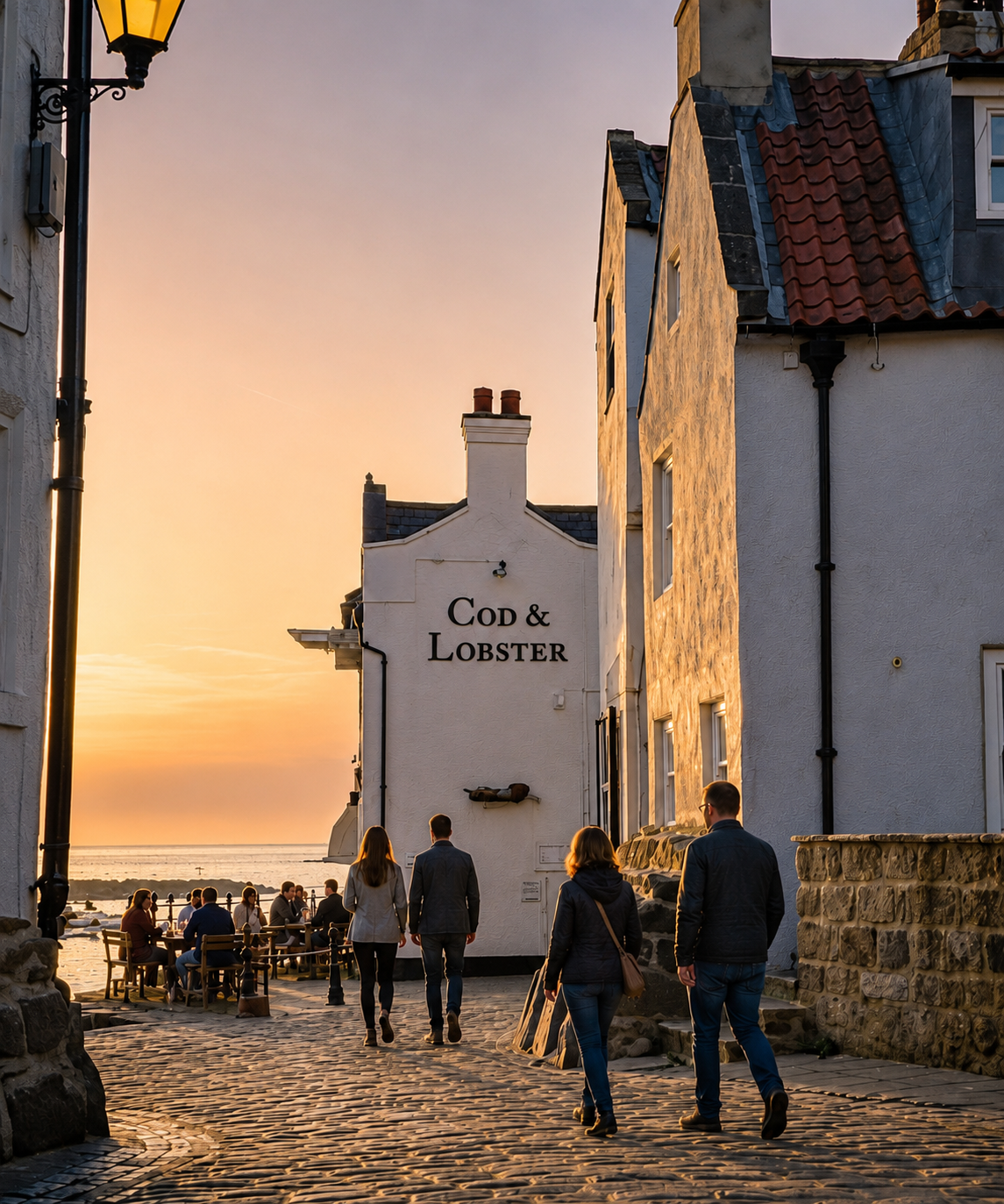 The Cod and Lobster at sunset beside Staithes harbour