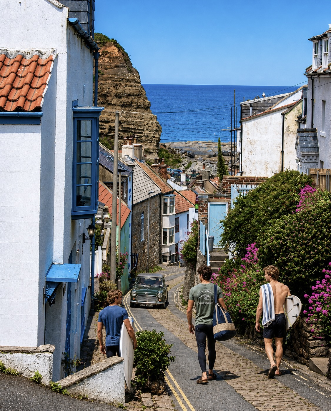 A steep Staithes lane descending towards the North Sea